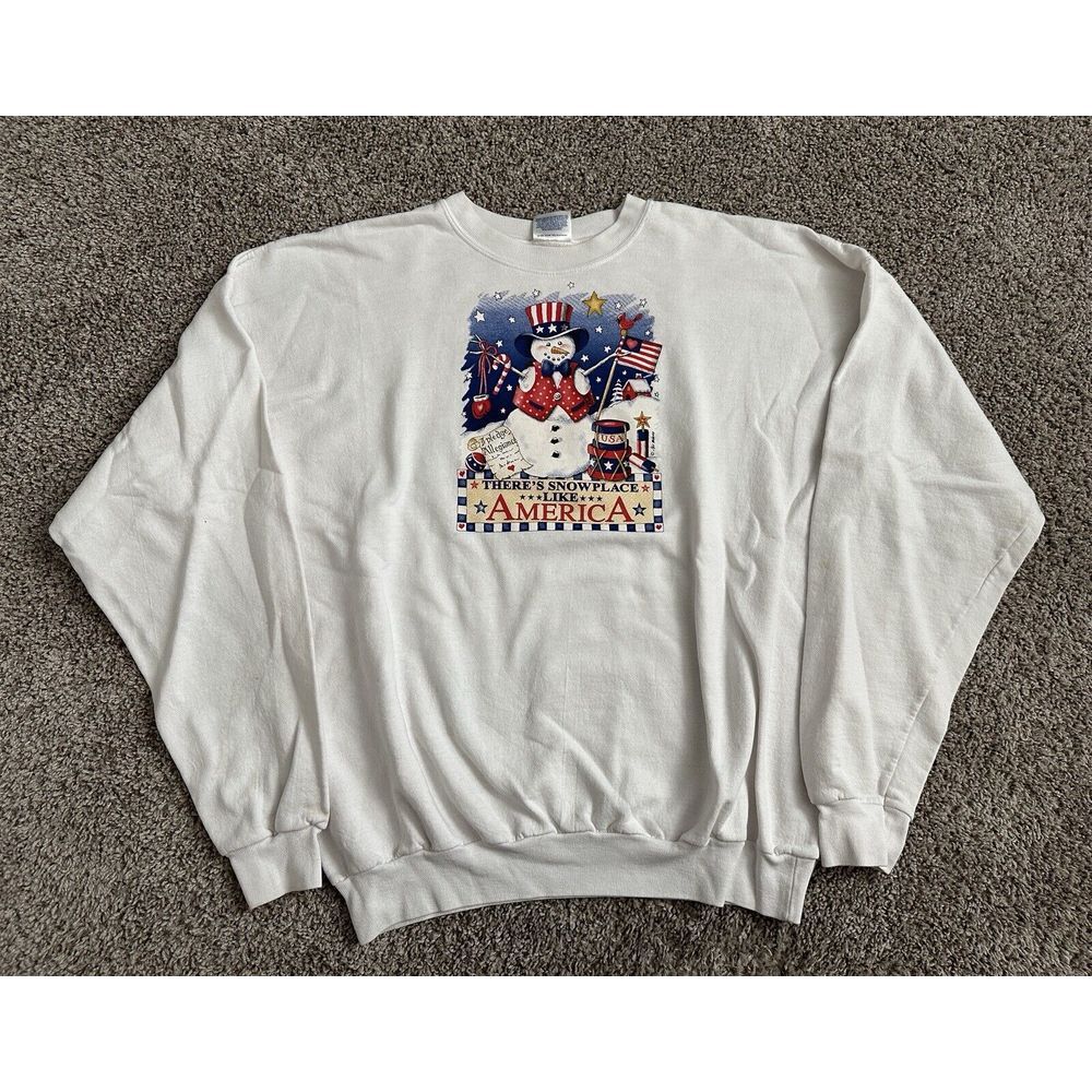 Hanes Adult White Sweatshirt With Snowman With "Snow Place Like America" Size XL